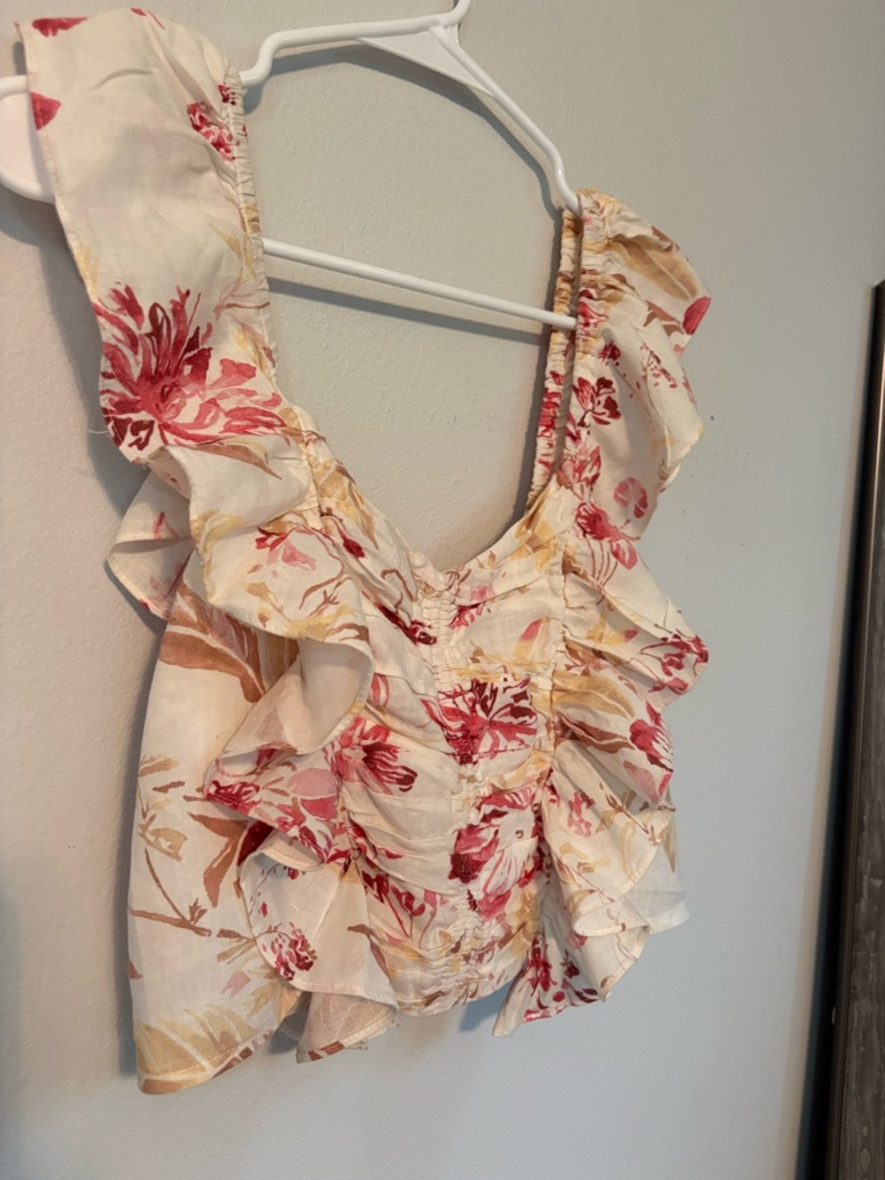 H&M Crop Floral Ruffle Smocked Women's Top Pink/Cream Linen Blend Size M - Picture 3 of 11